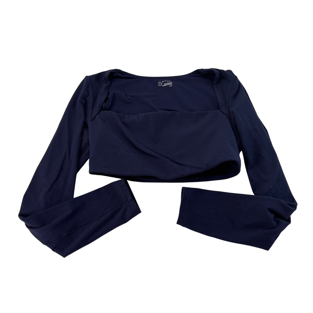 OFFLINE by Aerie Navy Blue Ribbed Long Sleeve Square Neck Crop Top Small 5609